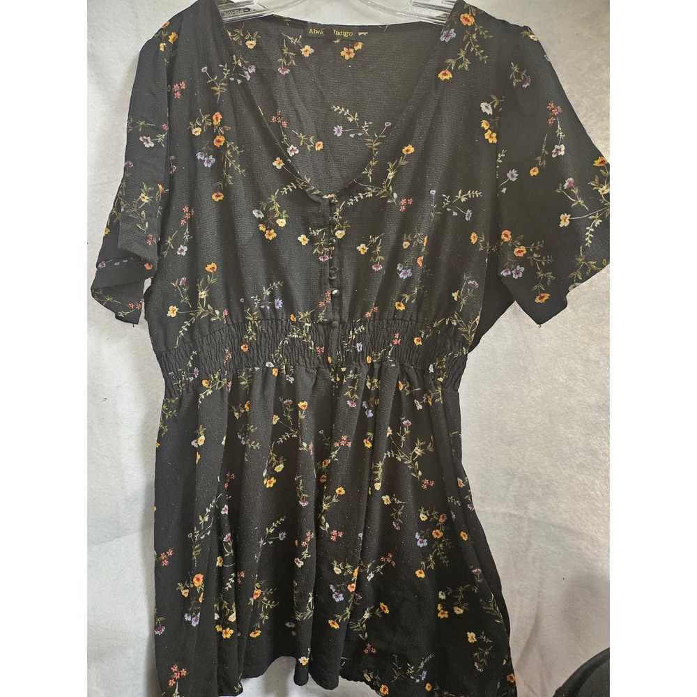 Always Indigo Black Floral V-Neck Smocked Waist Short Sleeve Dress Plus Size 3X